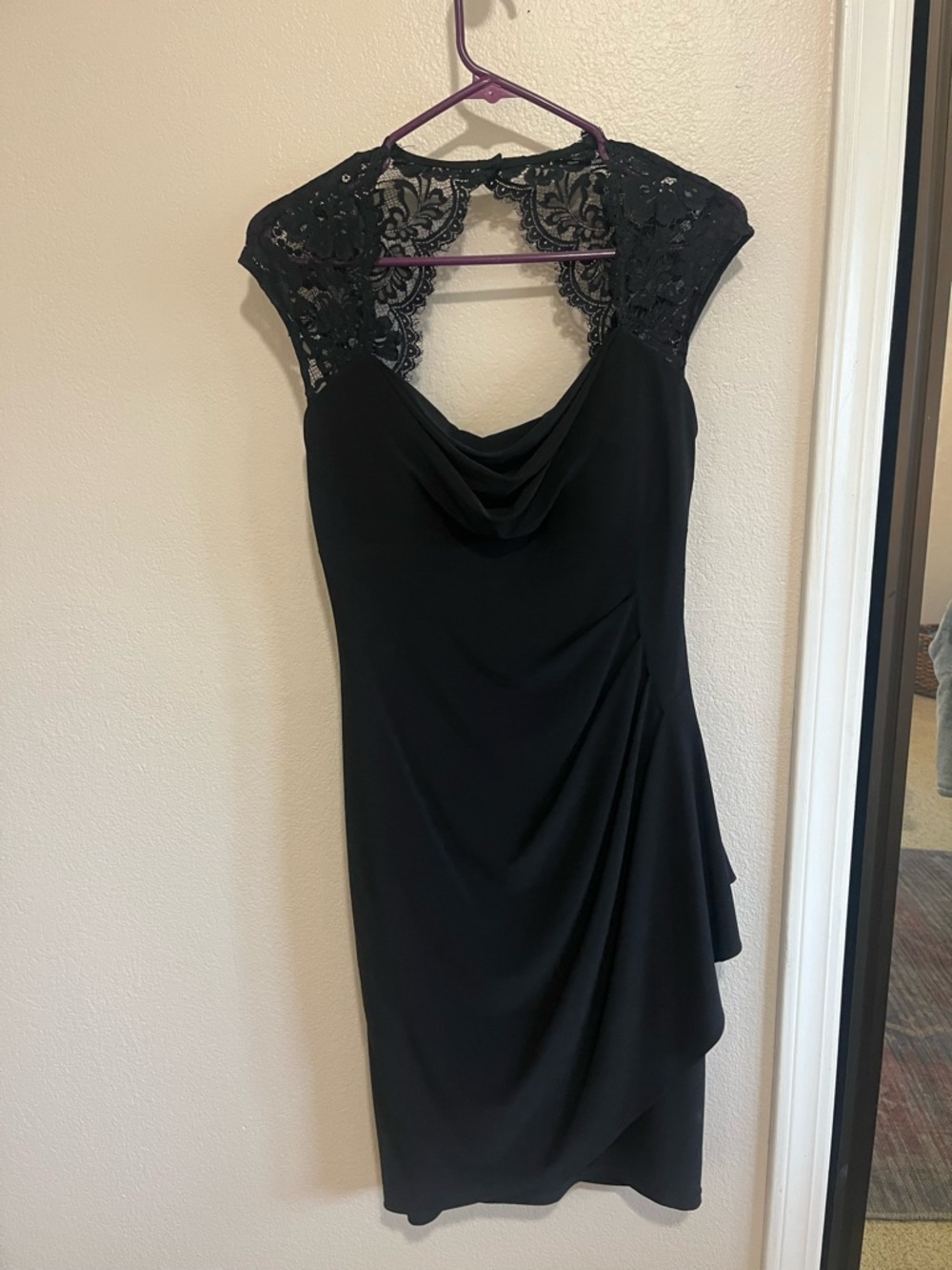 Cache Black Lace Cap-Sleeve Draped Cowl Dress